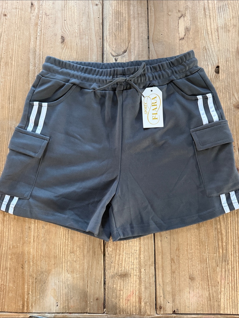 Women's Athletic Cargo Shorts with Side Stripes - Charcoal Gray